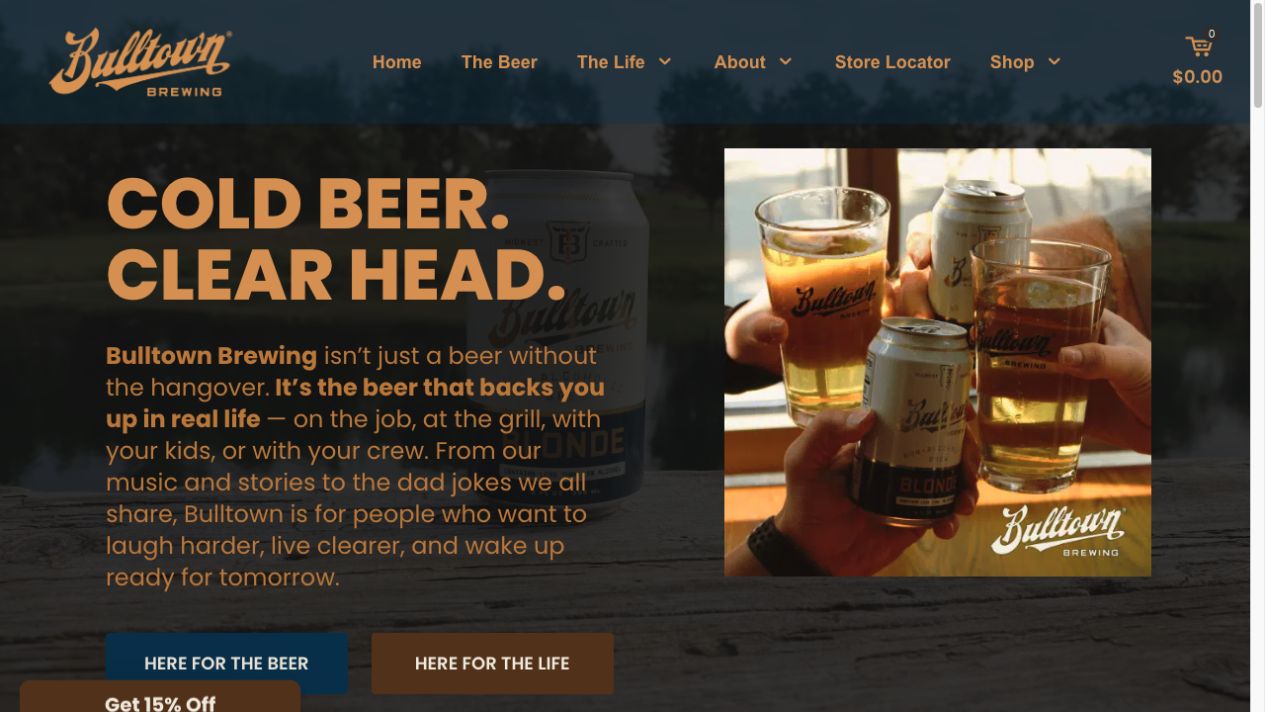 Bulltown Brewing homepage with bold amber typography and a photograph of friends raising glasses