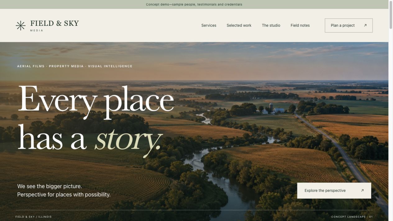 Field and Sky Media concept homepage with an illustrative aerial landscape and Every place has a story headline