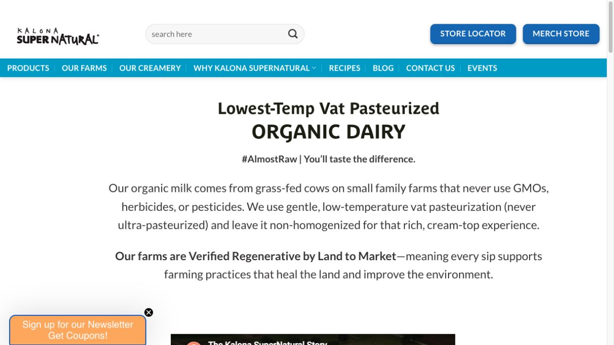 Kalona SuperNatural homepage introducing its organic dairy products