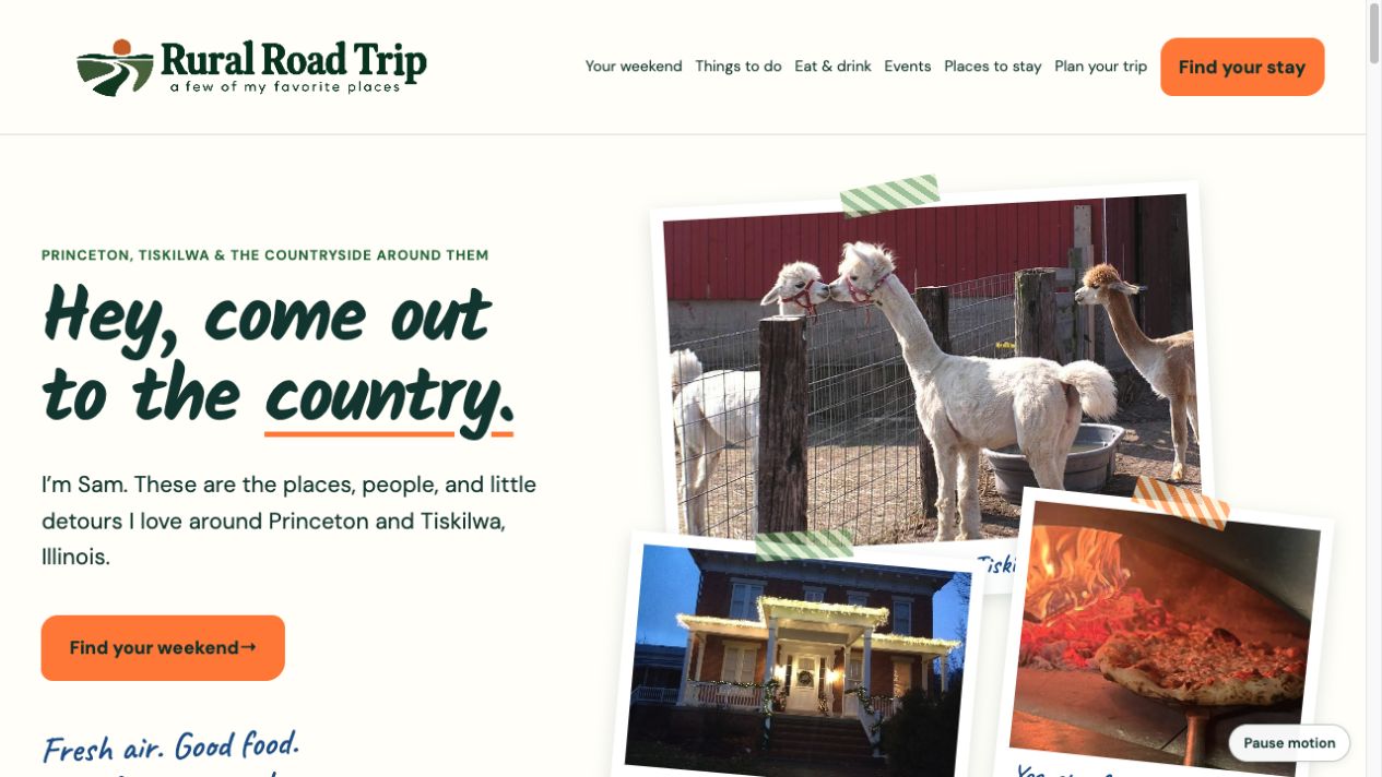 Rural Road Trip homepage with a playful country invitation and photographs of alpacas, an inn and pizza